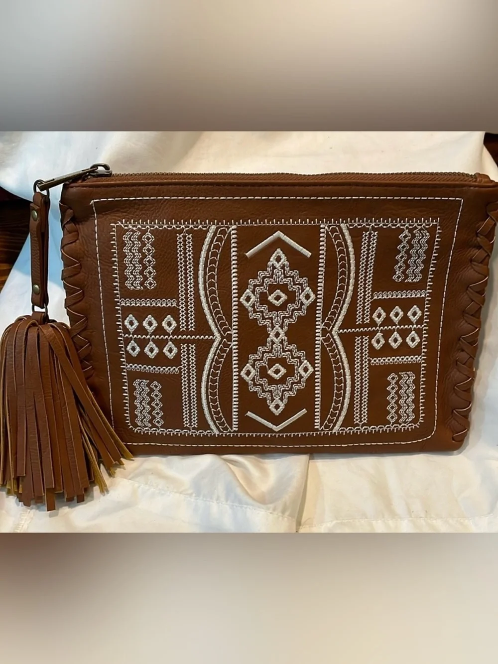 Women's Brown Embroidered Tassel Clutch - Brand